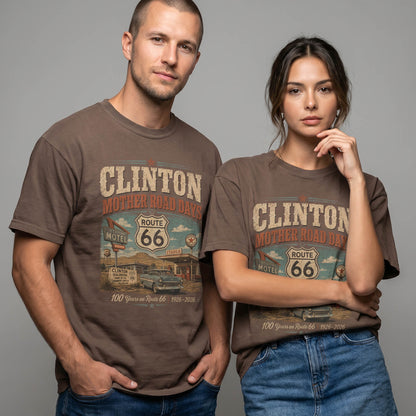 Unisex Clinton Oklahoma Route 66 graphic tee featuring Mother Road Days text, motel signage, Route 66 shield, classic car artwork, and 1926–2026 anniversary details.