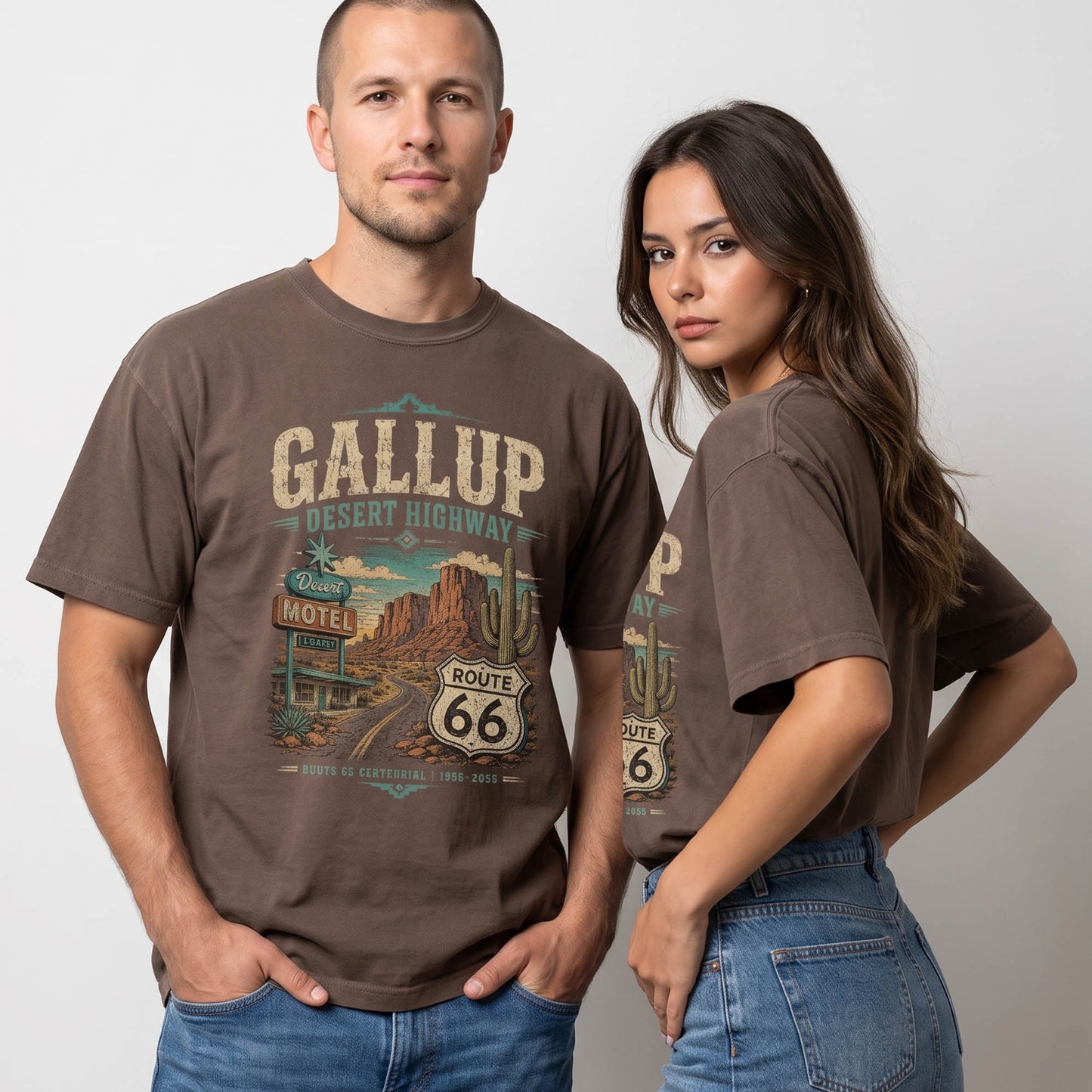 Unisex Gallup New Mexico Route 66 graphic tee featuring desert highway artwork, motel sign, canyon scenery, cactus details, Route 66 shield, and vintage Southwest travel style.