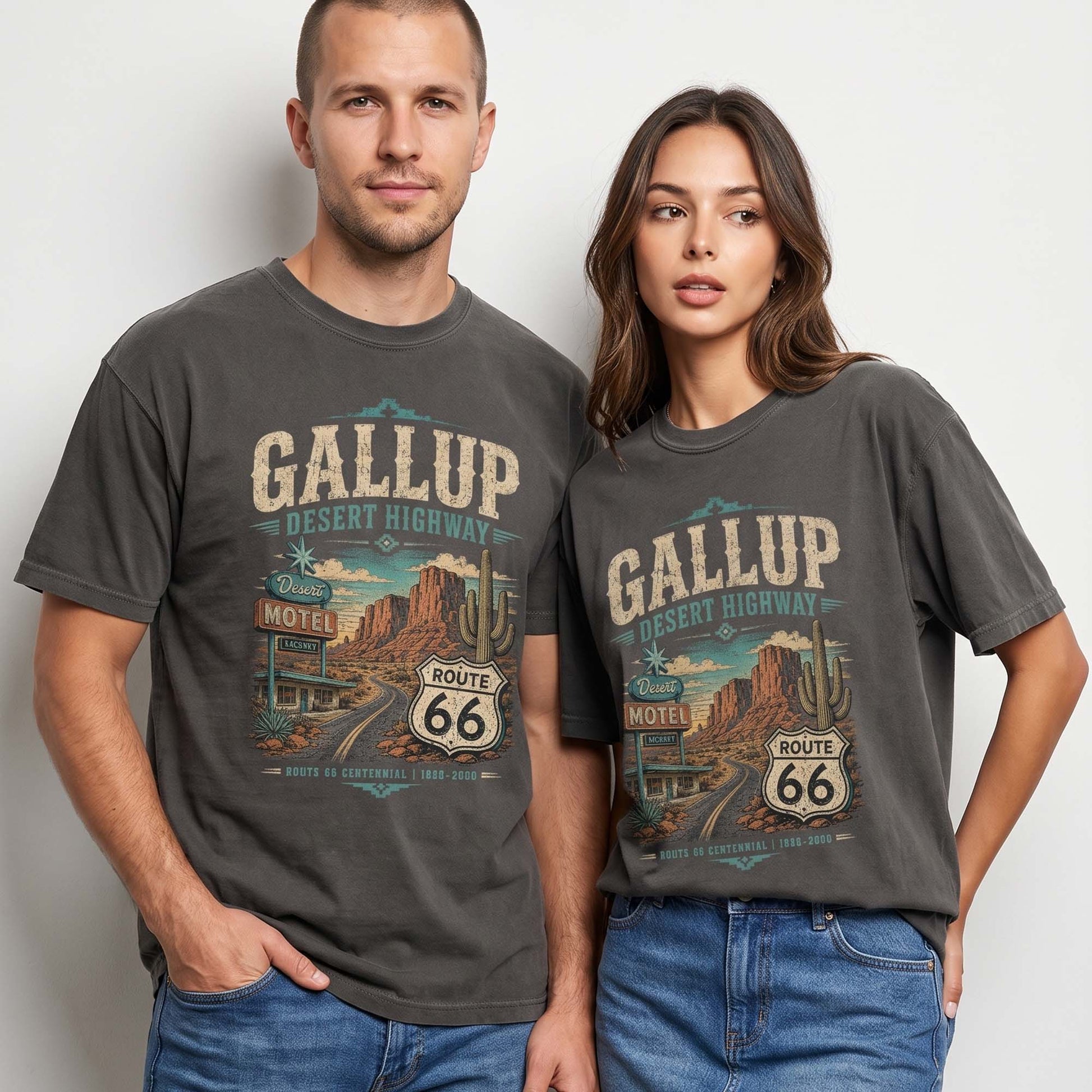 Unisex Gallup New Mexico Route 66 graphic tee featuring desert highway artwork, motel sign, canyon scenery, cactus details, Route 66 shield, and vintage Southwest travel style.
