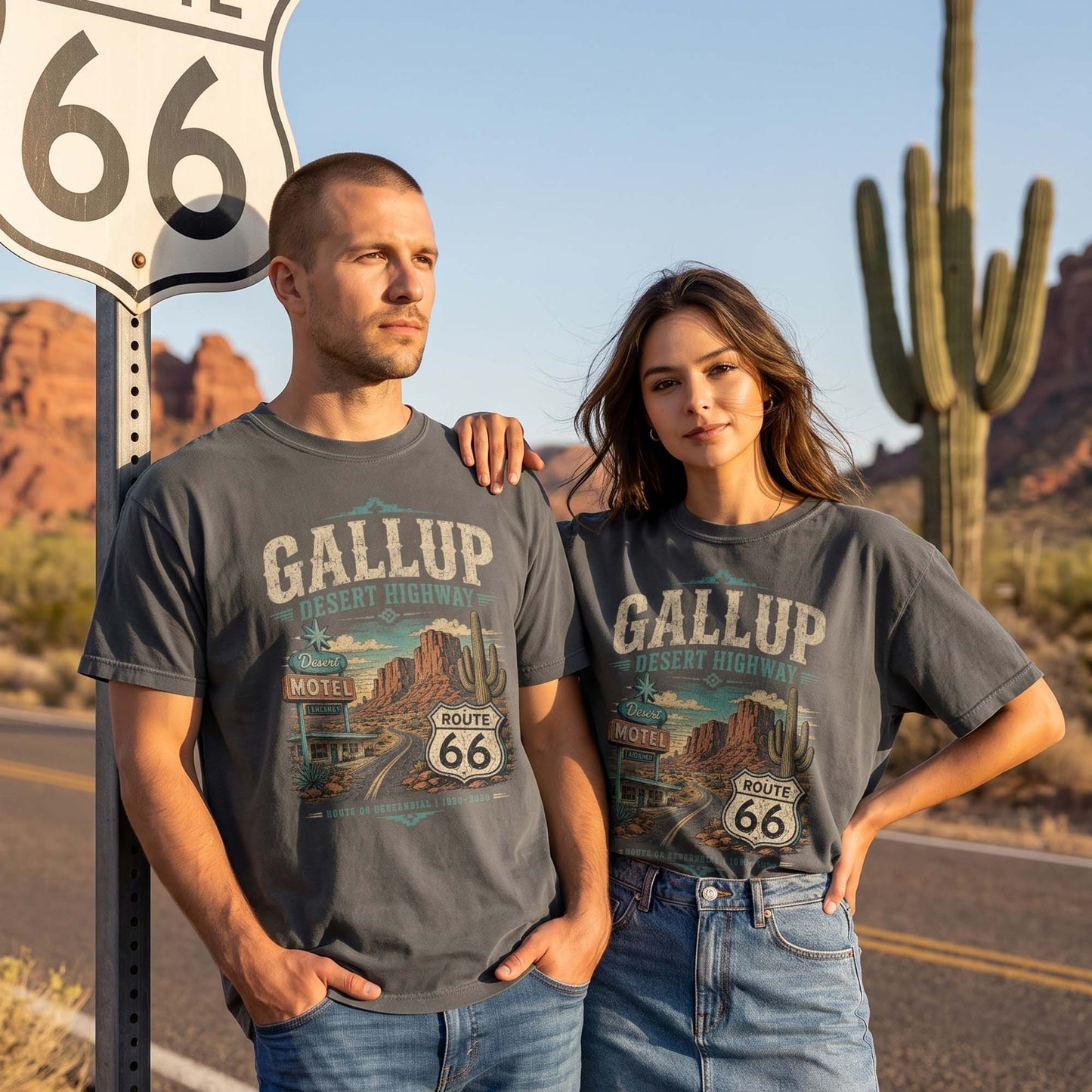 Unisex Gallup New Mexico Route 66 graphic tee featuring desert highway artwork, motel sign, canyon scenery, cactus details, Route 66 shield, and vintage Southwest travel style.
