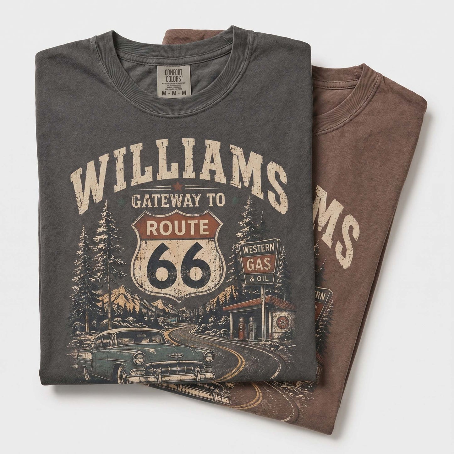 Unisex Williams Arizona Route 66 graphic tee featuring Gateway to Route 66 text, pine trees, mountain road scenery, vintage gas station, classic car, and 1926–2026 centennial details.