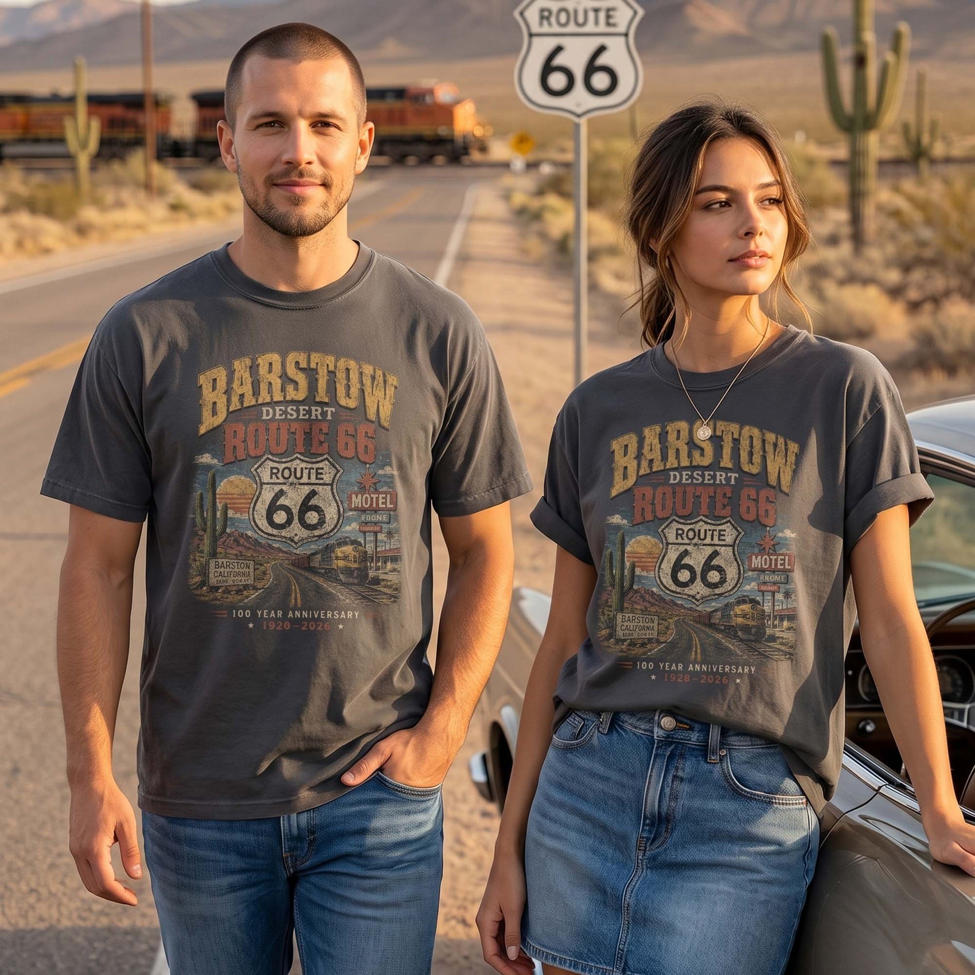 Unisex Barstow California Route 66 graphic tee featuring desert highway artwork, Route 66 shield, cactus details, vintage motel sign, roadside scenery, and 1926–2026 anniversary text.