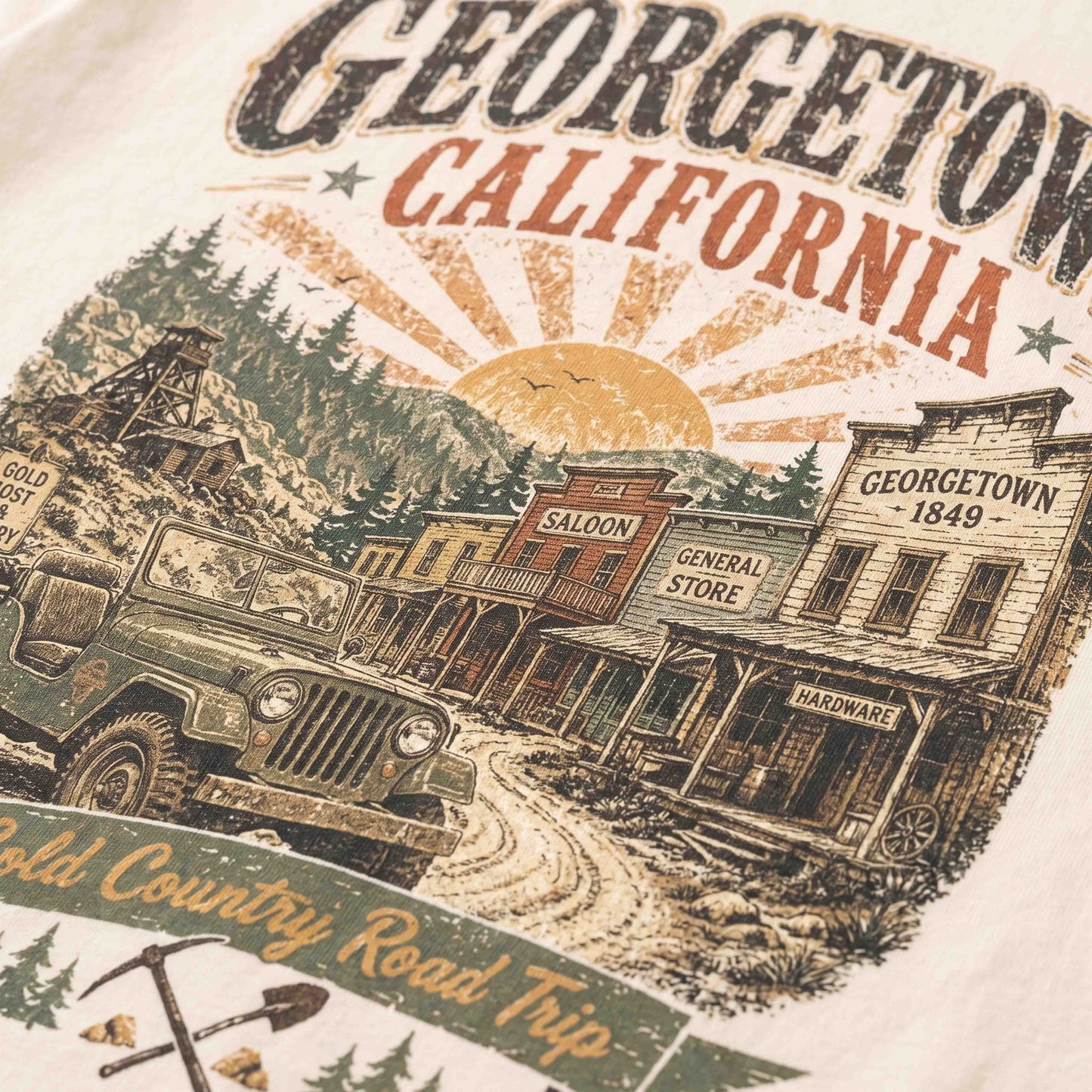 Close-up of Georgetown California historic town and off-road vehicle artwork