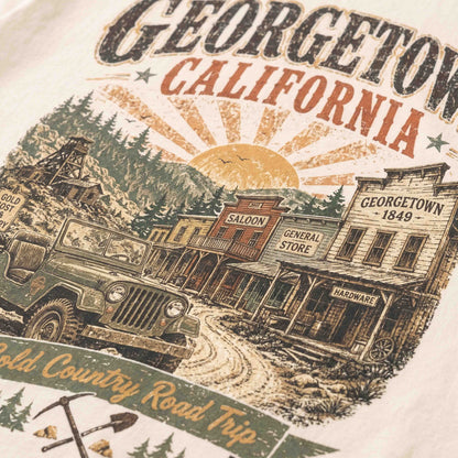 Close-up of Georgetown California historic town and off-road vehicle artwork