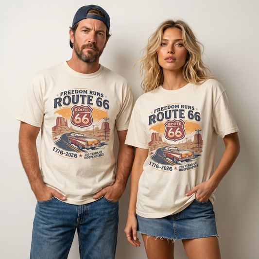 Freedom Runs Route 66 America 250 graphic tee with vintage car, desert highway, Route 66 shield, red rock mesas, and 1776 2026 details.