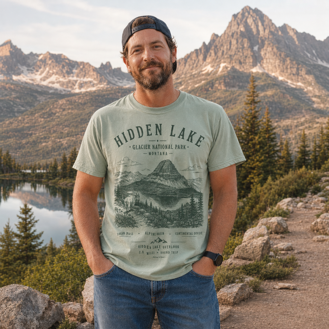 Man wearing a Hidden Lake Glacier National Park graphic T-shirt