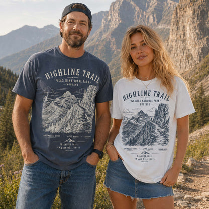 Highline Trail Glacier National Park t-shirts in Navy and White