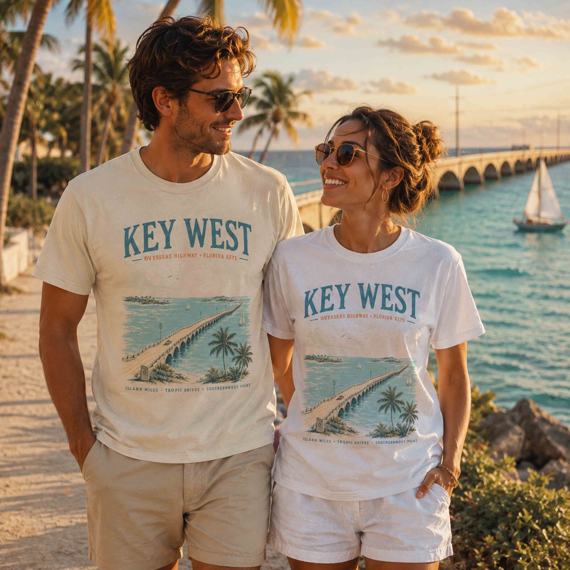 Couple wearing Key West Florida Keys graphic tees by Being is Good