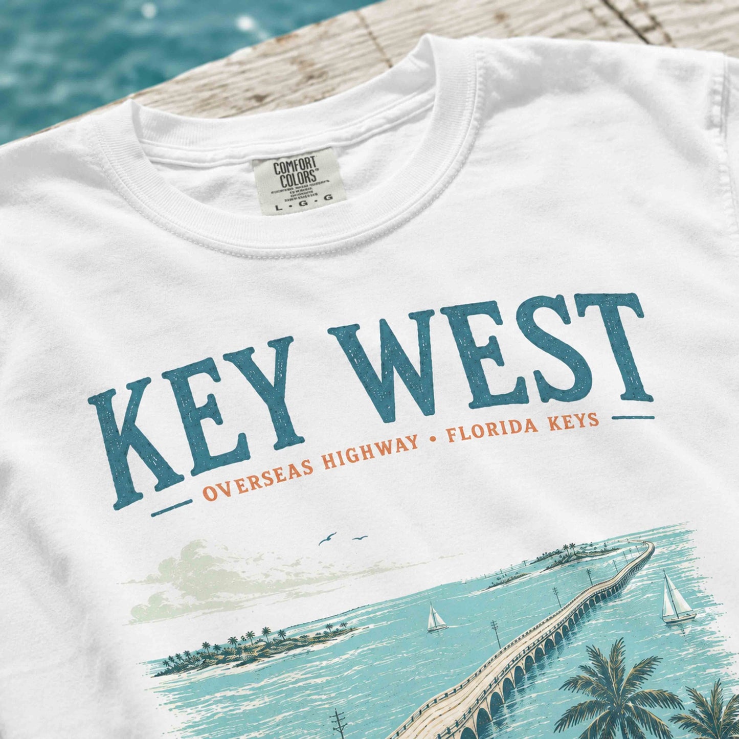 Close-up of Key West Florida Keys graphic print on White tee