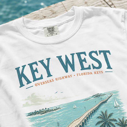 Close-up of Key West Florida Keys graphic print on White tee