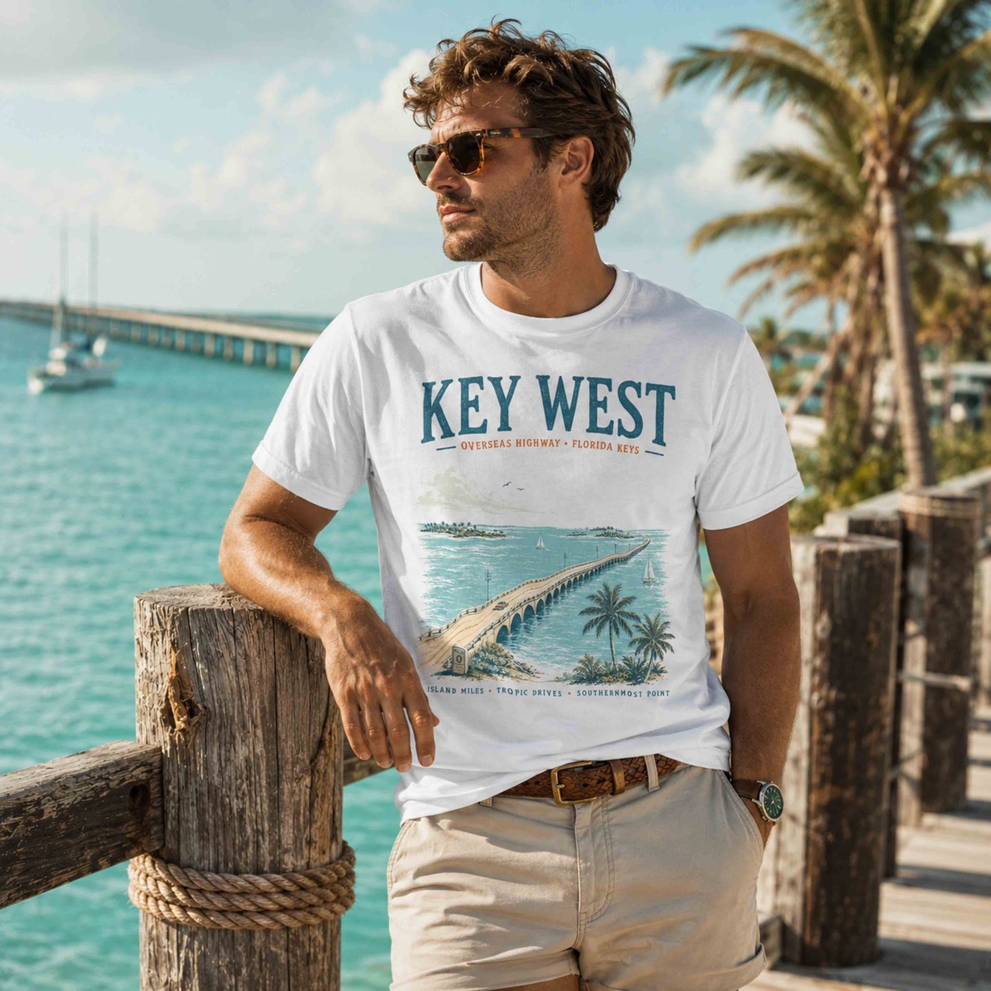 Editorial lifestyle photo of Key West Florida Keys White graphic tee