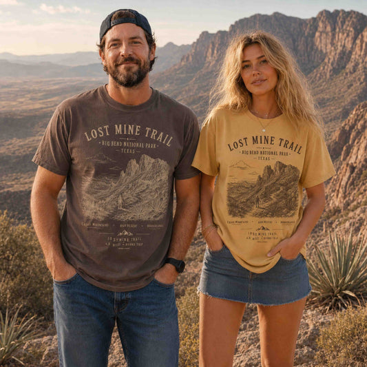 Couple wearing Lost Mine Trail Big Bend National Park graphic T-shirts
