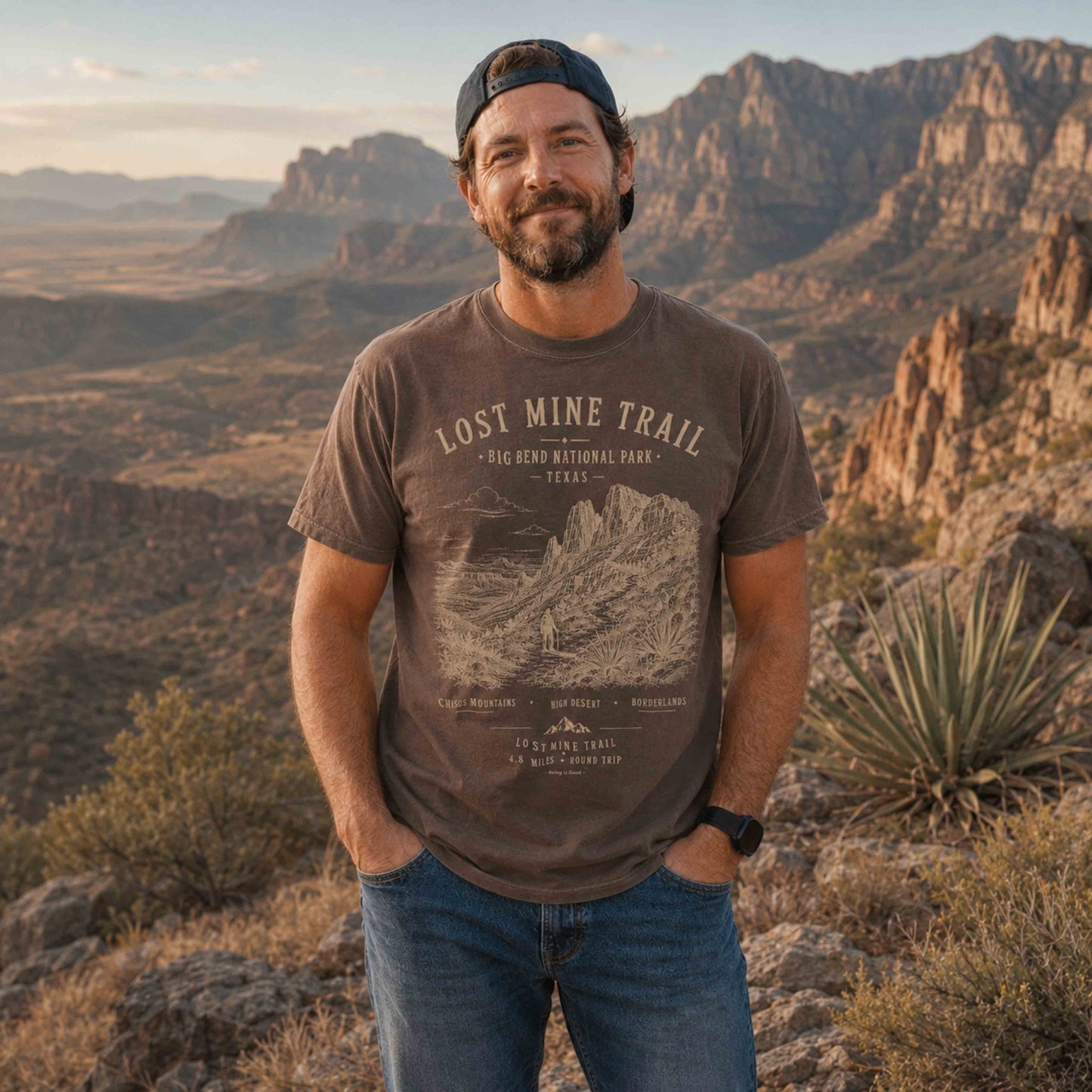 Man wearing an Espresso Lost Mine Trail Big Bend National Park T-shirt