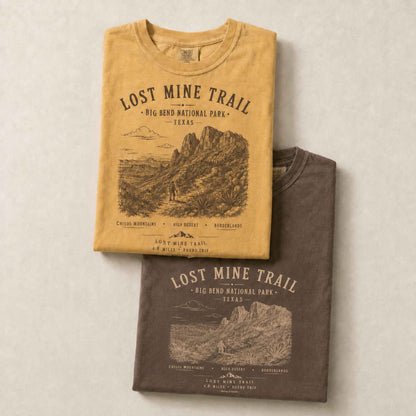 Folded Lost Mine Trail Big Bend National Park shirts in Mustard and Espresso