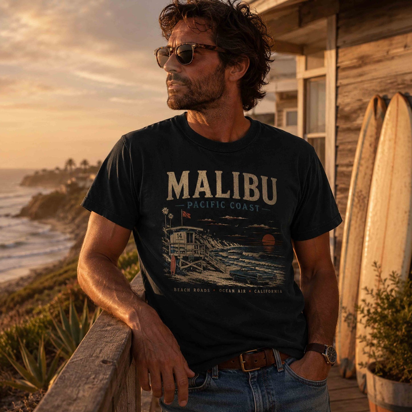 Malibu Pacific Coast graphic t-shirt in Black at a coastal surf shack