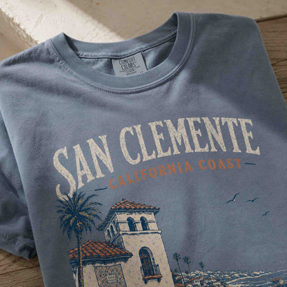 Close-up of San Clemente California Coast graphic t-shirt artwork in Blue Jean