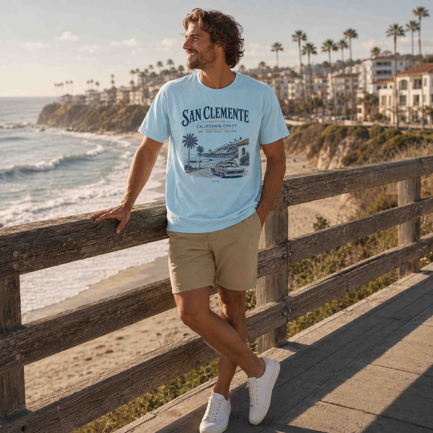 Man wearing Chambray San Clemente California Coast graphic t-shirt