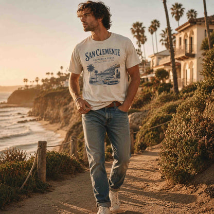 Editorial lifestyle photo of man wearing San Clemente California Coast graphic t-shirt