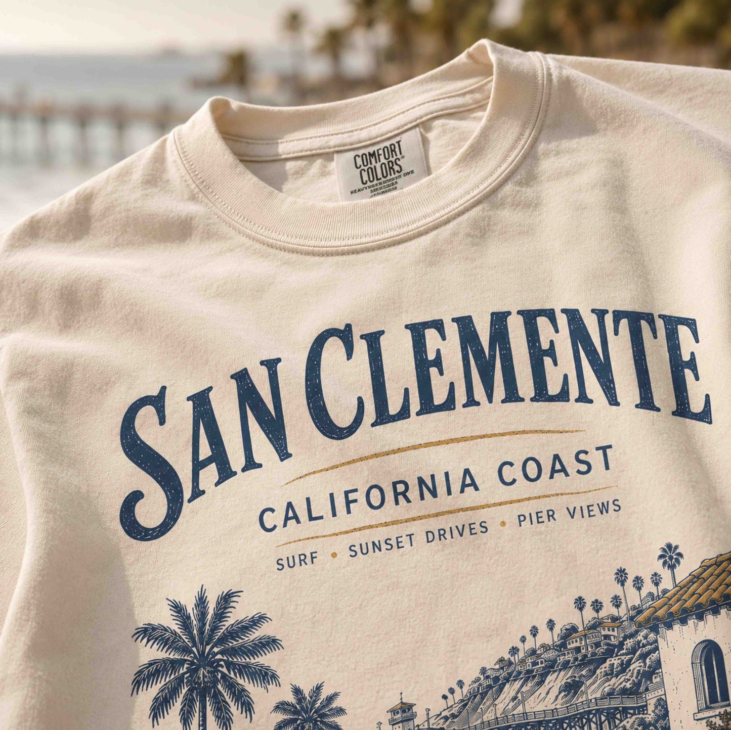 Close-up of San Clemente California Coast graphic t-shirt print