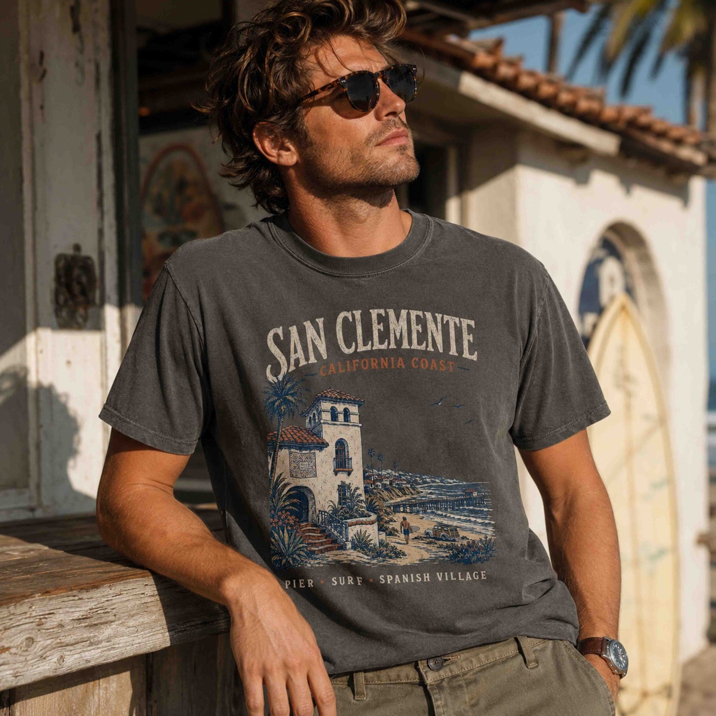 San Clemente California Coast graphic t-shirt in Pepper styled at a coastal surf shack