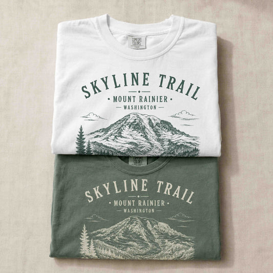 Folded Skyline Trail Mount Rainier shirts in Moss and White