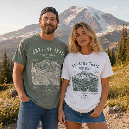 Couple wearing Skyline Trail Mount Rainier graphic T-shirts