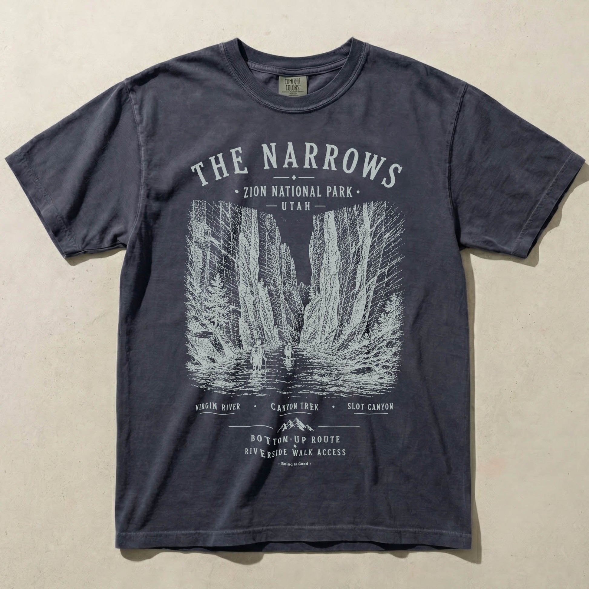 The Narrows Navy Comfort Colors t-shirt front view